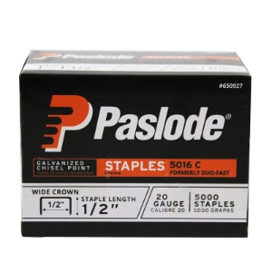 Paslode 650927 5000 Series Fine Wire Staples, 1/2" Leg x 1/2" Crown, 20 Gauge, Chisel Point, Galvanized, 5000/Box Paslode 650927 5000 Series Fine Wire Staples, 1/2" Leg x 1/2" Crown, 20 Gauge, Chisel Point, Galvanized, 5000/Box