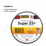3M 7100201470 SUPER 33 VINYL ELECTRICAL TAPE 3/4 X 44 FT 7 MIL. 100 ROLLS PER CASE
